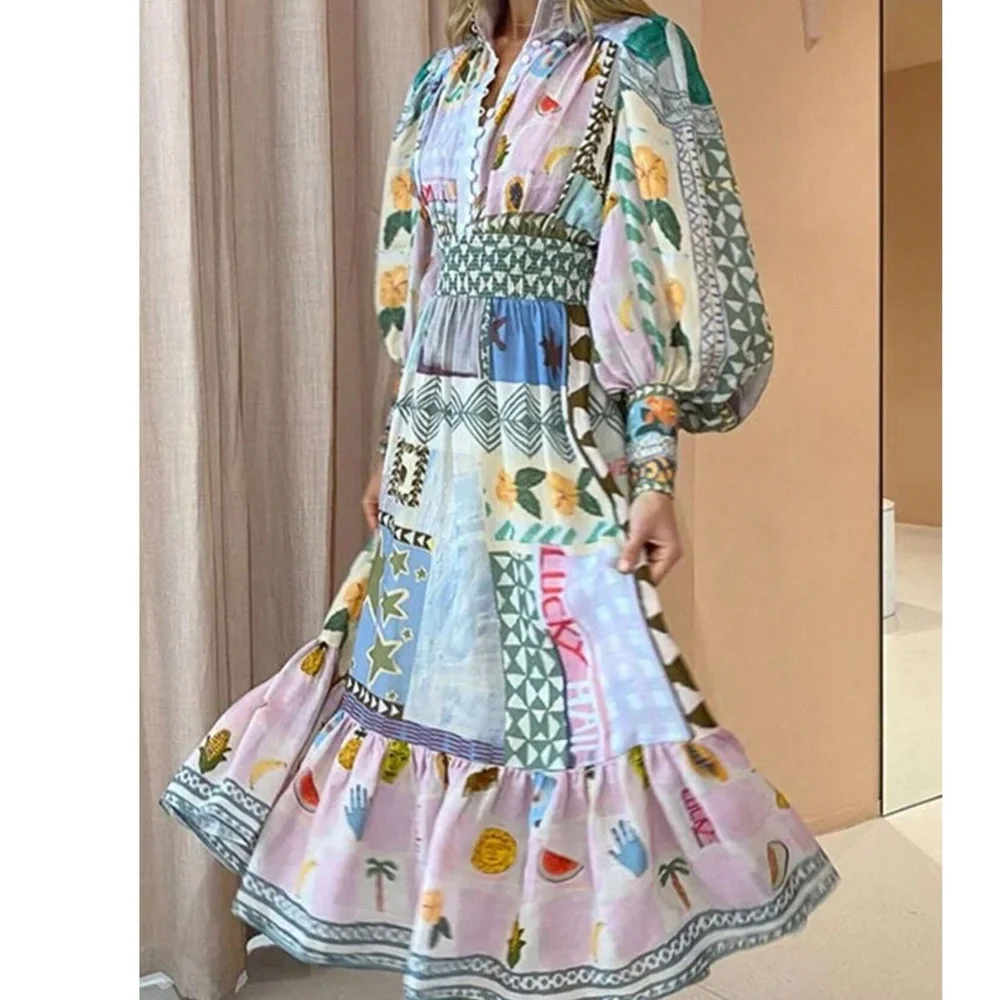 Boho Floral Star Mix Print Long Sleeve Maxi Dress - Picture 3 of 6